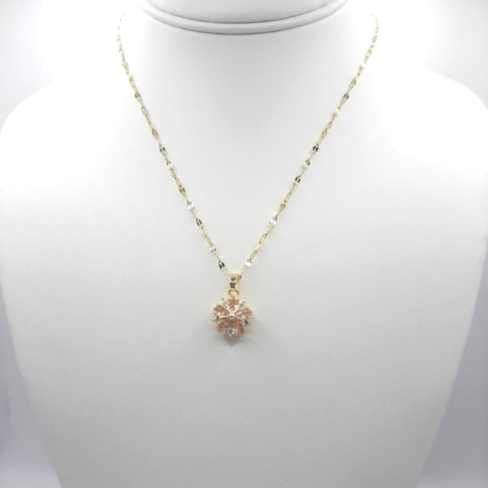 Pink Flower Necklace Gold Plated Stainless Steel Floral - Picture 2 of 4